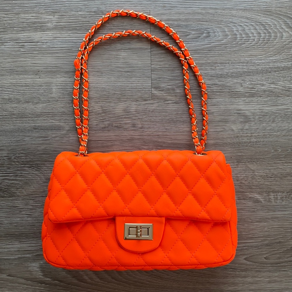 Quilted Orange Chain Shoulder Bag - Women's Fashion Handbag